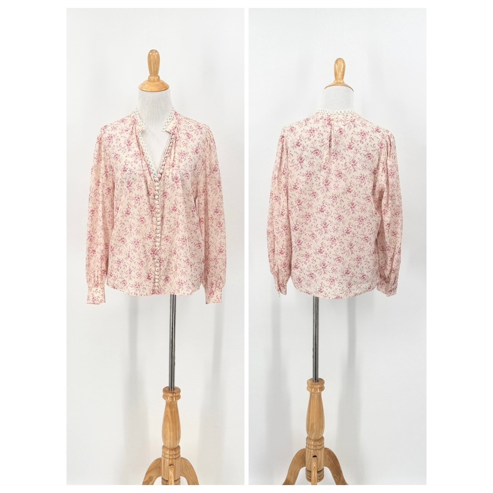 Sundays Cora Blouse Women Small Rose Print Pink Floral Lace Trim V-Neck Cotton